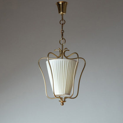 Vintage Hanglamp met Messing Afwerking en Plooistof Kap – Warm Lantaarnontwerp voor Keuken en Hal