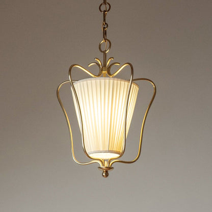 Vintage Hanglamp met Messing Afwerking en Plooistof Kap – Warm Lantaarnontwerp voor Keuken en Hal