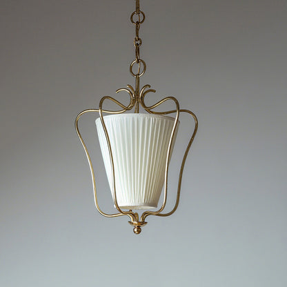 Vintage Hanglamp met Messing Afwerking en Plooistof Kap – Warm Lantaarnontwerp voor Keuken en Hal