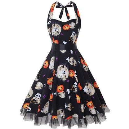 Halloween Midi Jurk met Cartoons en Spookachtige Print - StudioMarella