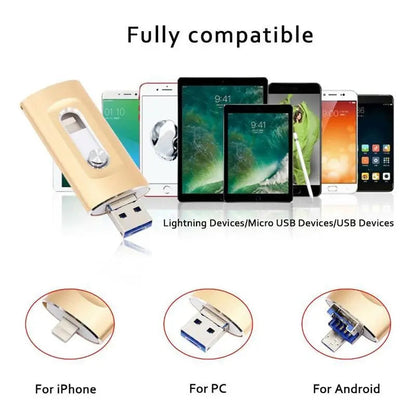3-in-1 USB Stick Metaal 6.6x2cm Lightning USB-C USB 3.0 iPhone Android Mac PC 256GB 2TB Foto Video Opslag Sleutelhanger