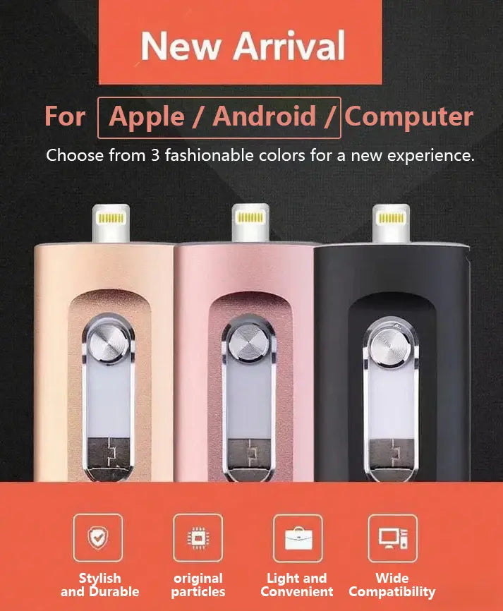 3-in-1 USB Stick Metaal 6.6x2cm Lightning USB-C USB 3.0 iPhone Android Mac PC 256GB 2TB Foto Video Opslag Sleutelhanger