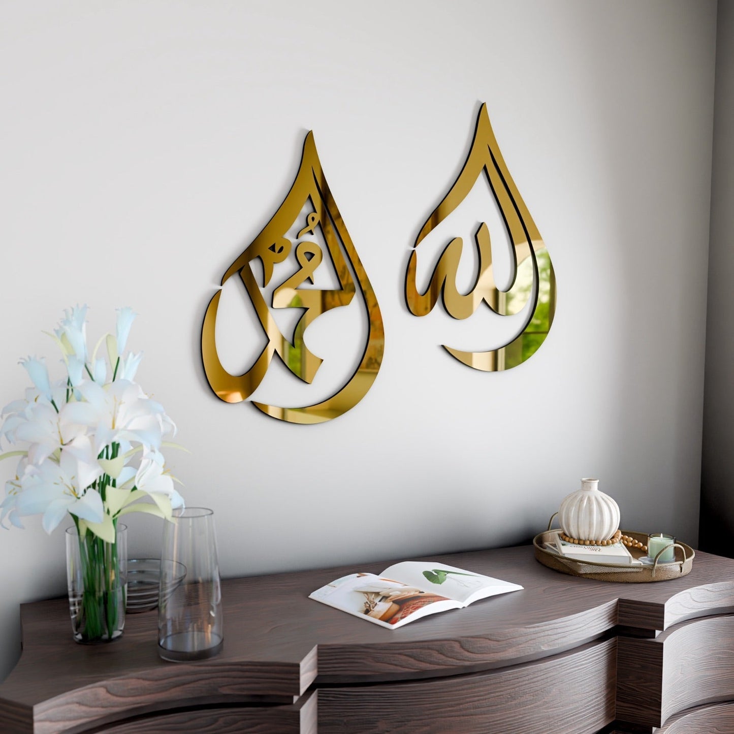 Islamitische Wanddecoratie Allah & Mohammad Druppelvorm Hout
