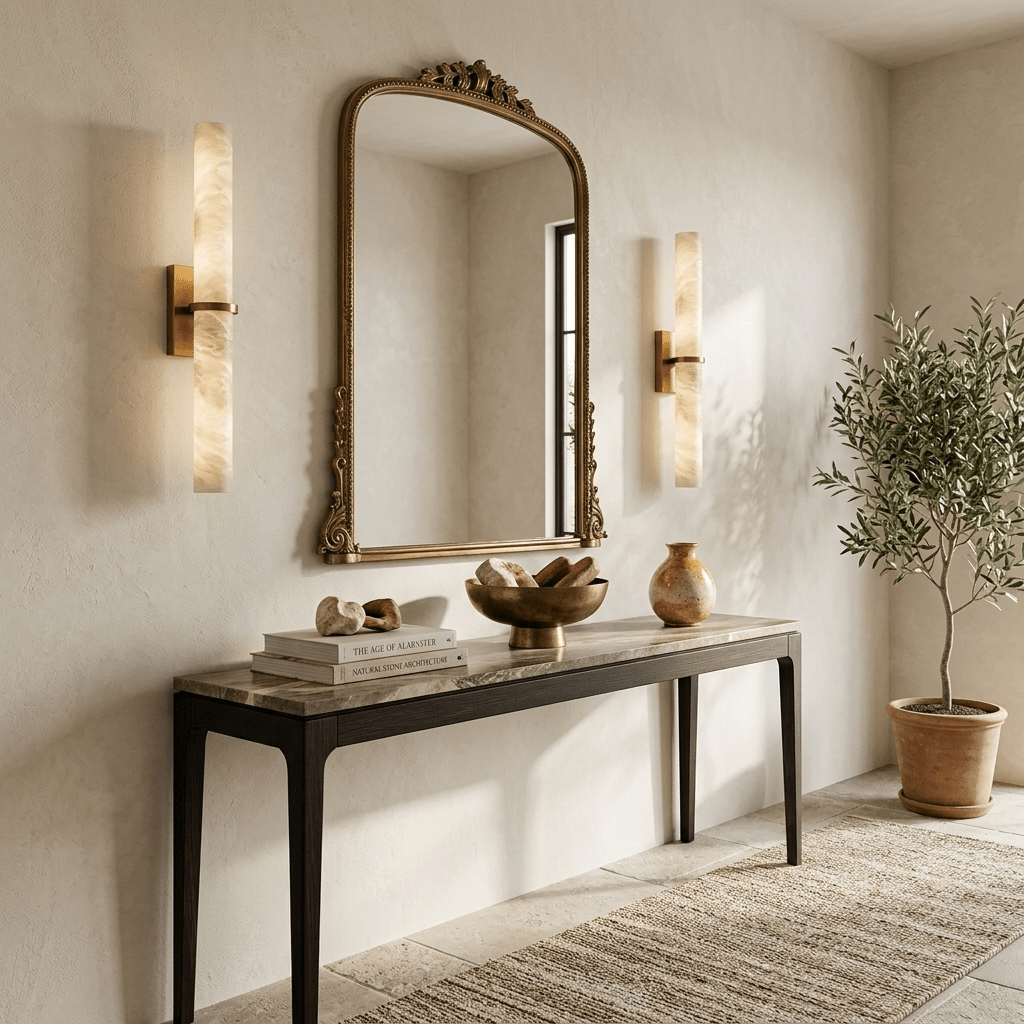 Moderne Wandlamp Alabaster Staaf met Gouden Beugel – 50 cm Natuursteen Verlichting