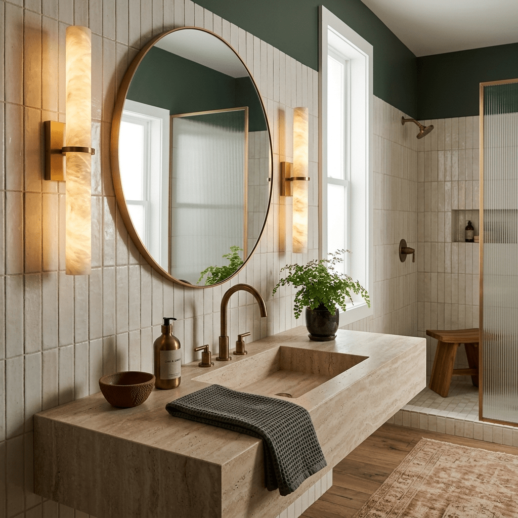 Moderne Wandlamp Alabaster Staaf met Gouden Beugel – 50 cm Natuursteen Verlichting
