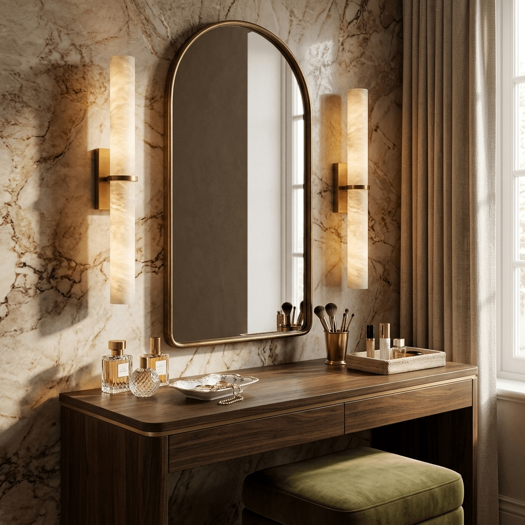Moderne Wandlamp Alabaster Staaf met Gouden Beugel – 50 cm Natuursteen Verlichting