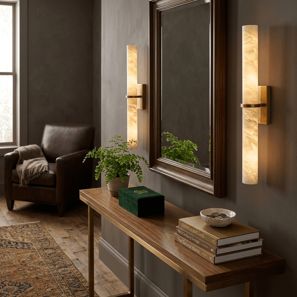 Moderne Wandlamp Alabaster Staaf met Gouden Beugel – 50 cm Natuursteen Verlichting