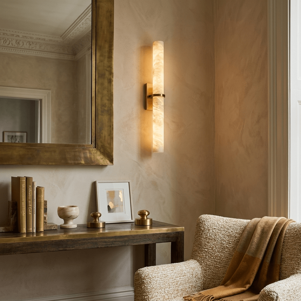 Moderne Wandlamp Alabaster Staaf met Gouden Beugel – 50 cm Natuursteen Verlichting