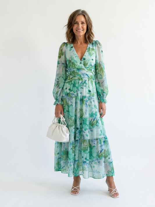 Dames Maxi Jurk Bloemenprint Lange Mouwen Lichtgewicht - StudioMarella