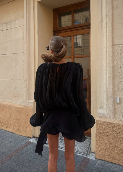 Zwarte Mini Jurk Geplisseerd Elegant Kort