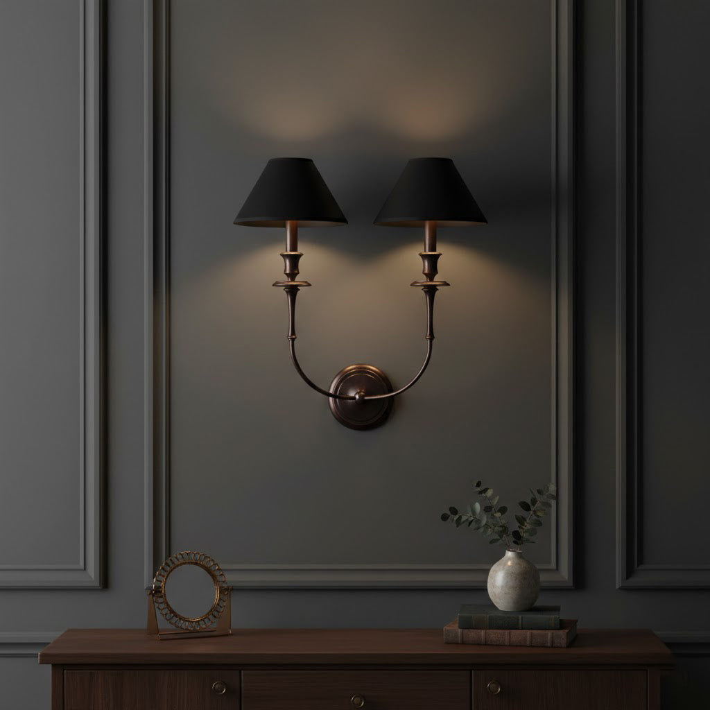 Moderne Wandlamp met Zwarte Stoffen Kap in Messing, Nikkel of Zwart – 1 of 2 Lichtpunten Design Verlichting