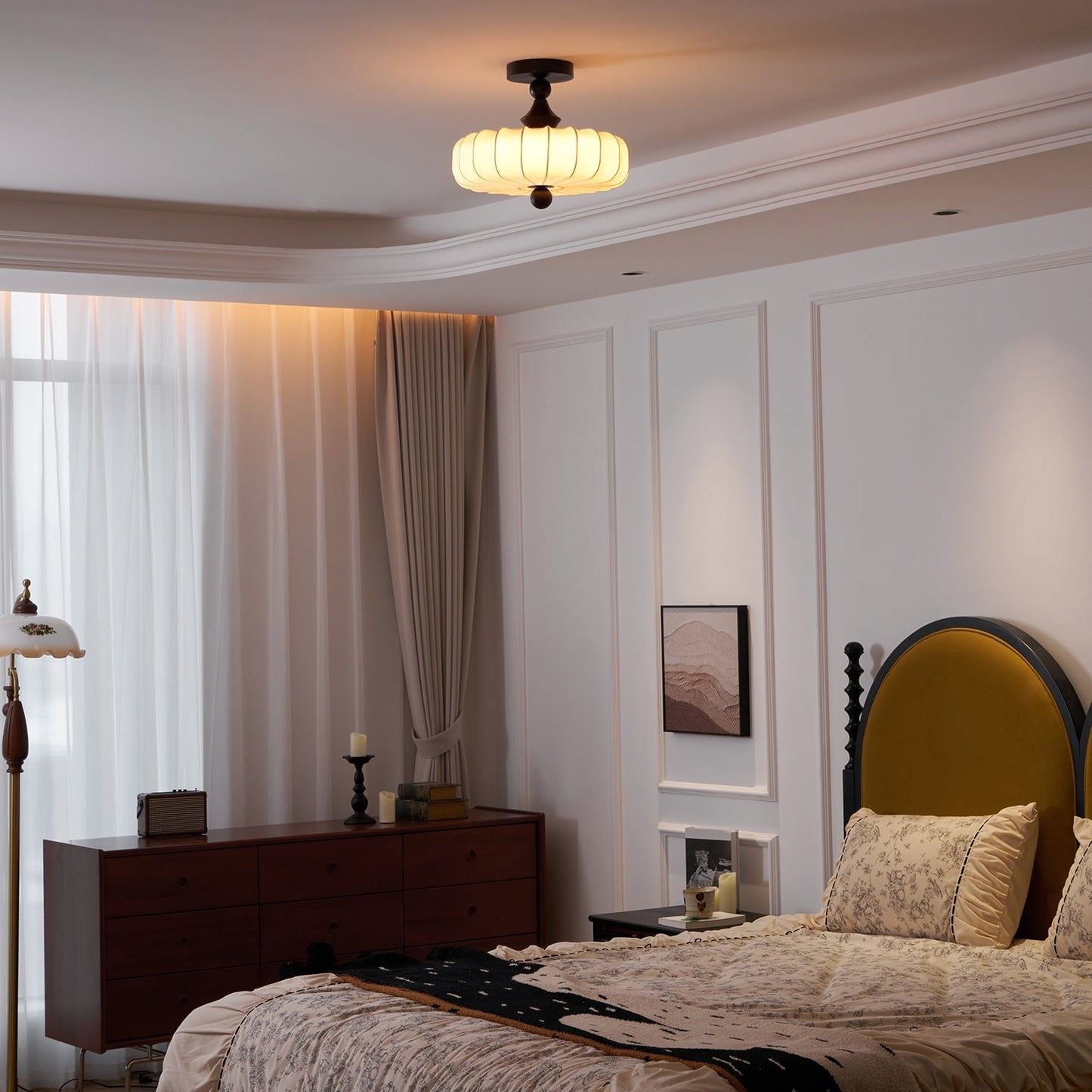 Anela Plafondlamp Walnoot met Beige Gevlochten Kap – Retro Scandinavische Hanglamp met Geïntegreerde LED – Dimbare Plafondverlichting