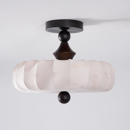 Anela Plafondlamp Walnoot met Beige Gevlochten Kap – Retro Scandinavische Hanglamp met Geïntegreerde LED – Dimbare Plafondverlichting