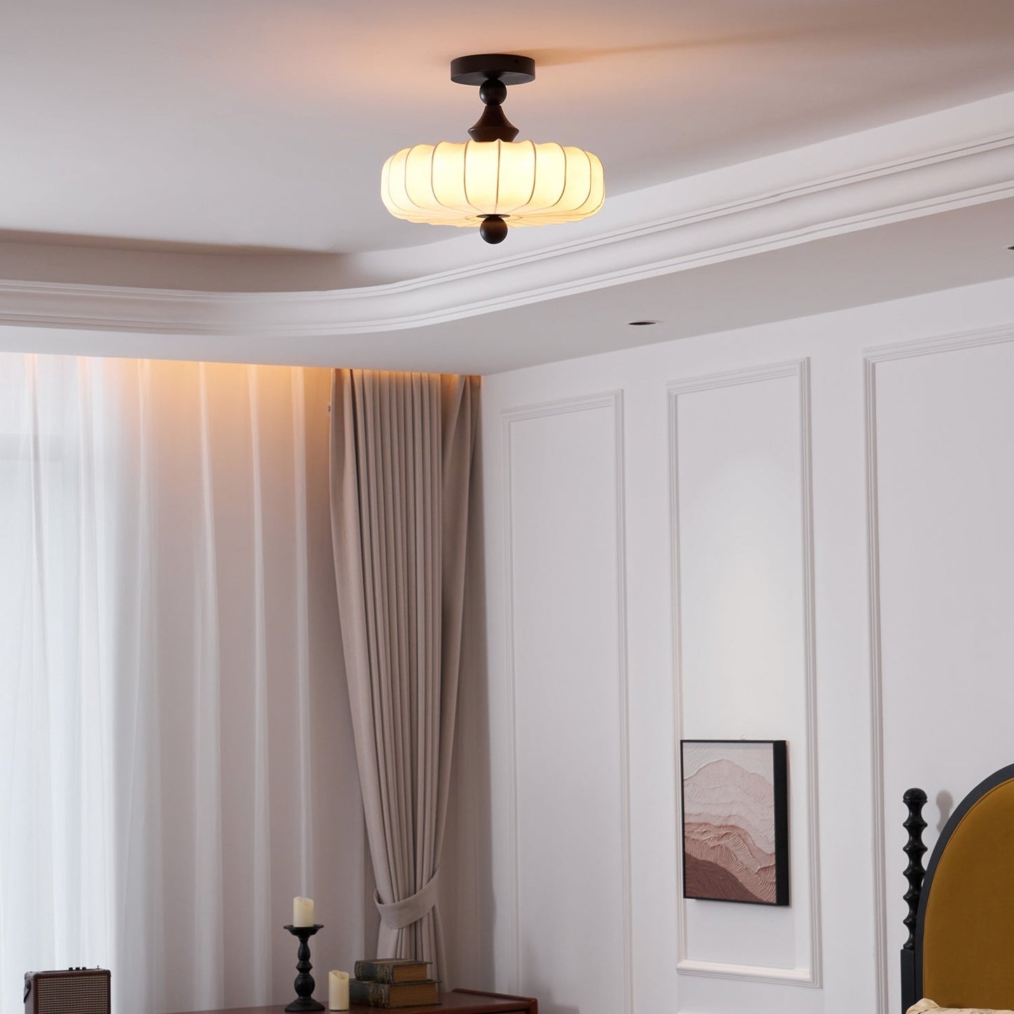 Anela Plafondlamp Walnoot met Beige Gevlochten Kap – Retro Scandinavische Hanglamp met Geïntegreerde LED – Dimbare Plafondverlichting