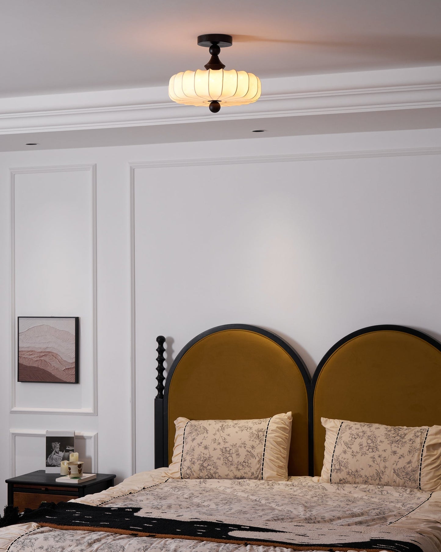 Anela Plafondlamp Walnoot met Beige Gevlochten Kap – Retro Scandinavische Hanglamp met Geïntegreerde LED – Dimbare Plafondverlichting