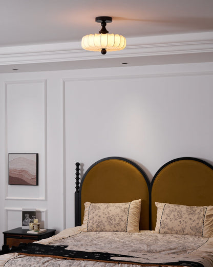 Anela Plafondlamp Walnoot met Beige Gevlochten Kap – Retro Scandinavische Hanglamp met Geïntegreerde LED – Dimbare Plafondverlichting