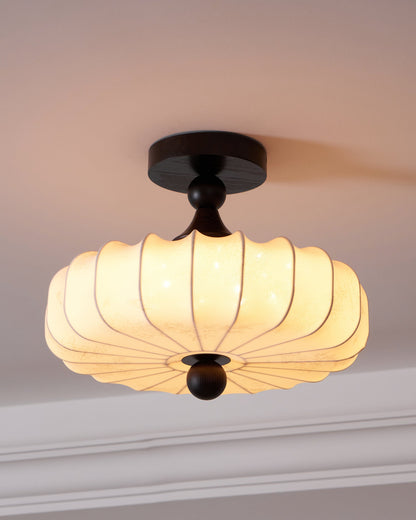 Anela Plafondlamp Walnoot met Beige Gevlochten Kap – Retro Scandinavische Hanglamp met Geïntegreerde LED – Dimbare Plafondverlichting