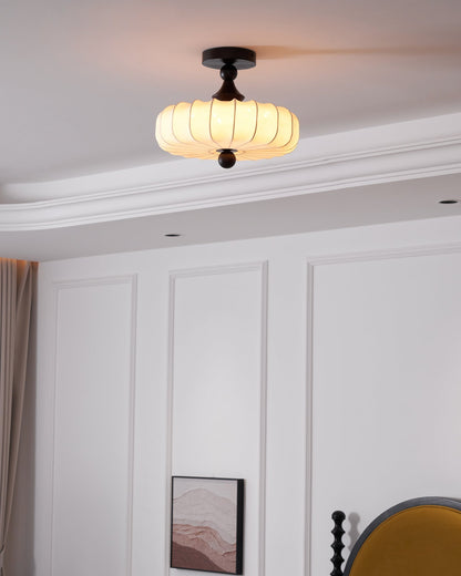 Anela Plafondlamp Walnoot met Beige Gevlochten Kap – Retro Scandinavische Hanglamp met Geïntegreerde LED – Dimbare Plafondverlichting
