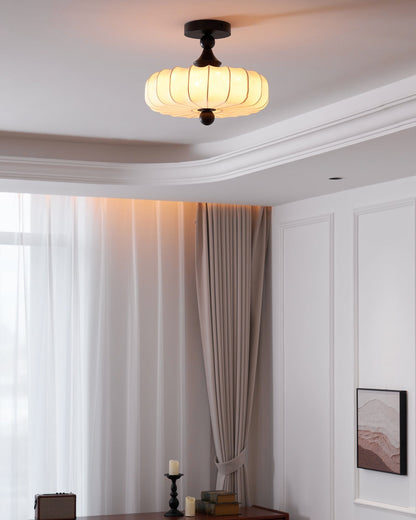 Anela Plafondlamp Walnoot met Beige Gevlochten Kap – Retro Scandinavische Hanglamp met Geïntegreerde LED – Dimbare Plafondverlichting