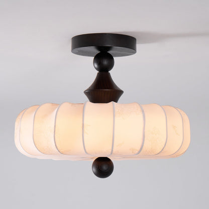 Anela Plafondlamp Walnoot met Beige Gevlochten Kap – Retro Scandinavische Hanglamp met Geïntegreerde LED – Dimbare Plafondverlichting