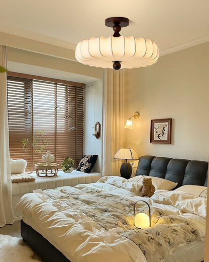 Anela Plafondlamp Walnoot met Beige Gevlochten Kap – Retro Scandinavische Hanglamp met Geïntegreerde LED – Dimbare Plafondverlichting
