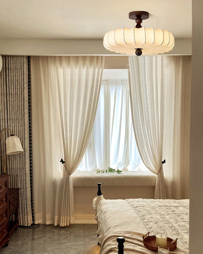 Anela Plafondlamp Walnoot met Beige Gevlochten Kap – Retro Scandinavische Hanglamp met Geïntegreerde LED – Dimbare Plafondverlichting