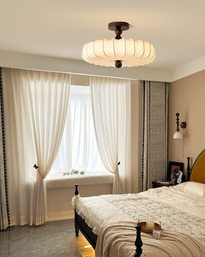 Anela Plafondlamp Walnoot met Beige Gevlochten Kap – Retro Scandinavische Hanglamp met Geïntegreerde LED – Dimbare Plafondverlichting