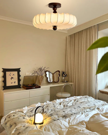 Anela Plafondlamp Walnoot met Beige Gevlochten Kap – Retro Scandinavische Hanglamp met Geïntegreerde LED – Dimbare Plafondverlichting