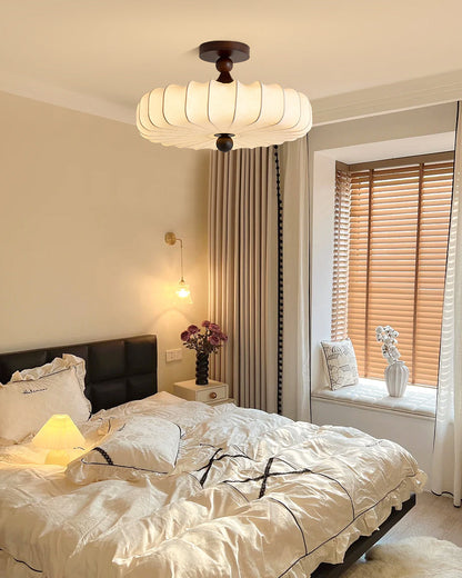 Anela Plafondlamp Walnoot met Beige Gevlochten Kap – Retro Scandinavische Hanglamp met Geïntegreerde LED – Dimbare Plafondverlichting