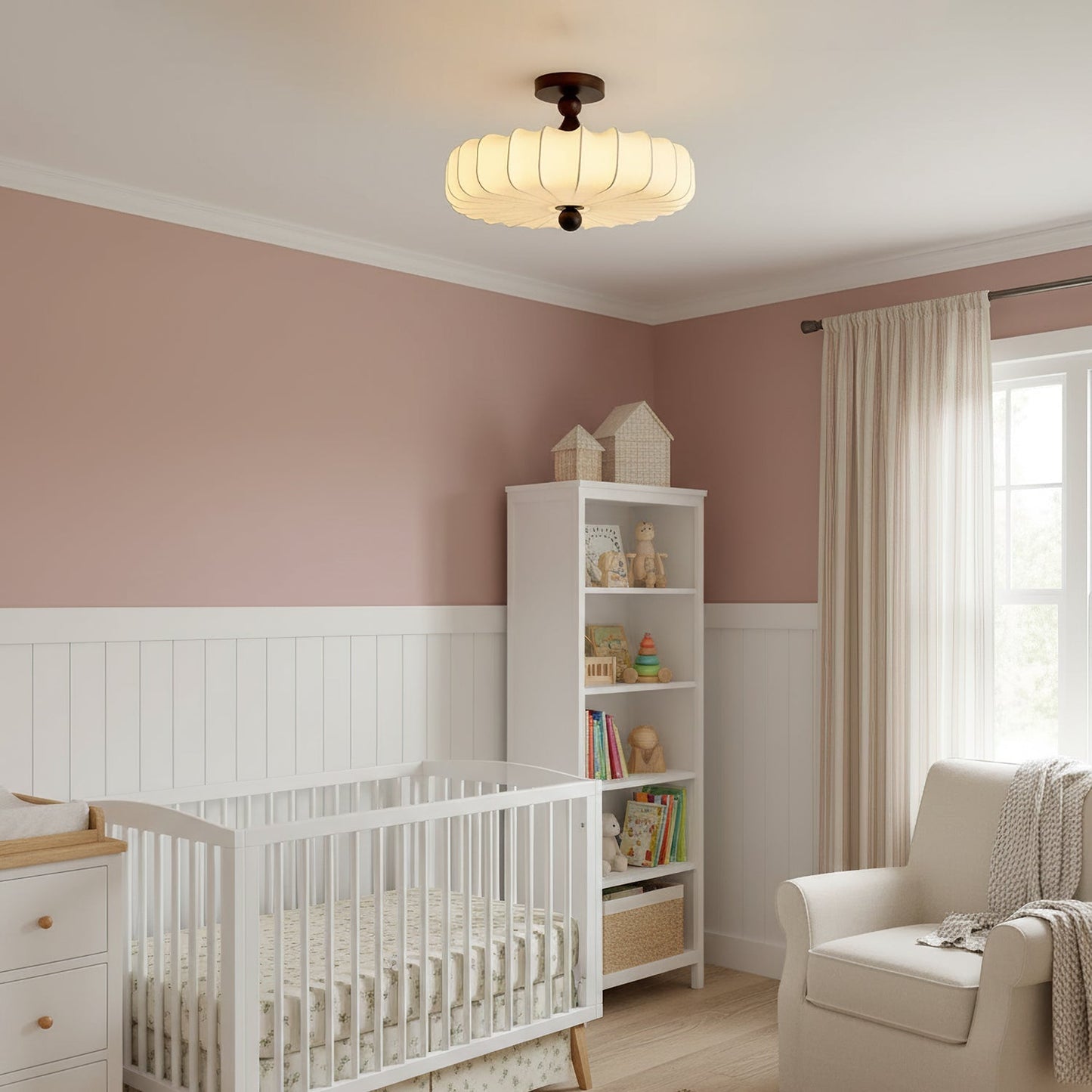 Anela Plafondlamp Walnoot met Beige Gevlochten Kap – Retro Scandinavische Hanglamp met Geïntegreerde LED – Dimbare Plafondverlichting