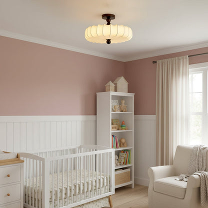 Anela Plafondlamp Walnoot met Beige Gevlochten Kap – Retro Scandinavische Hanglamp met Geïntegreerde LED – Dimbare Plafondverlichting