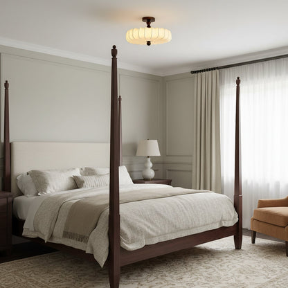 Anela Plafondlamp Walnoot met Beige Gevlochten Kap – Retro Scandinavische Hanglamp met Geïntegreerde LED – Dimbare Plafondverlichting