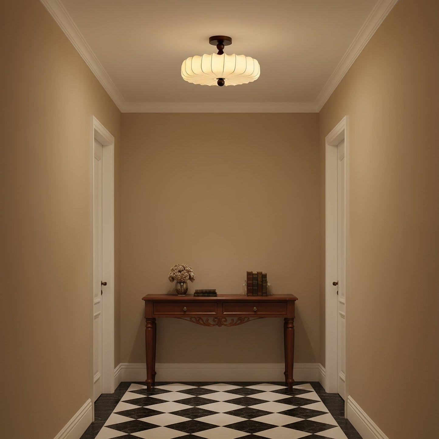 Anela Plafondlamp Walnoot met Beige Gevlochten Kap – Retro Scandinavische Hanglamp met Geïntegreerde LED – Dimbare Plafondverlichting