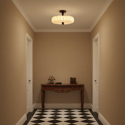 Anela Plafondlamp Walnoot met Beige Gevlochten Kap – Retro Scandinavische Hanglamp met Geïntegreerde LED – Dimbare Plafondverlichting
