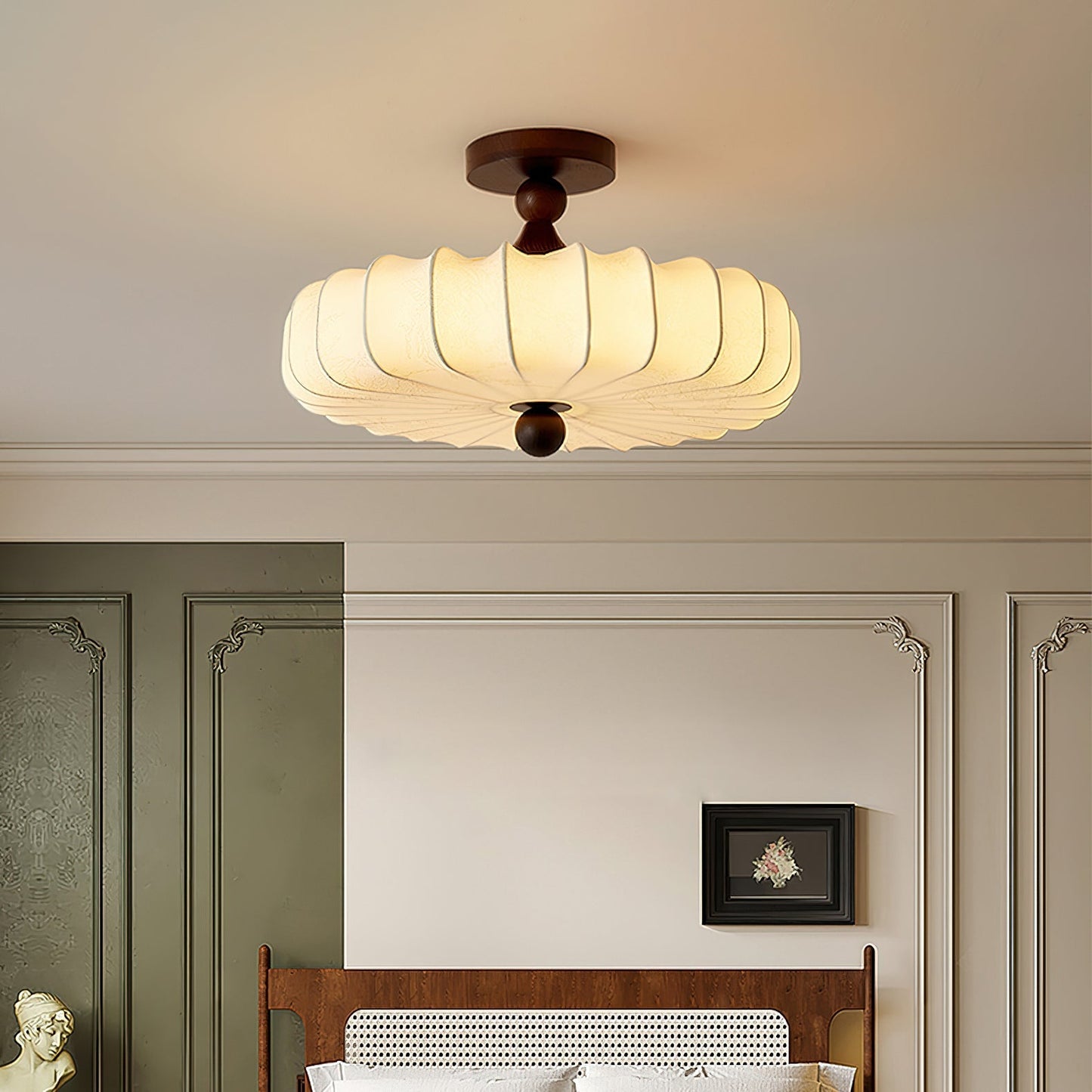Anela Plafondlamp Walnoot met Beige Gevlochten Kap – Retro Scandinavische Hanglamp met Geïntegreerde LED – Dimbare Plafondverlichting