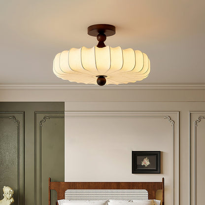 Anela Plafondlamp Walnoot met Beige Gevlochten Kap – Retro Scandinavische Hanglamp met Geïntegreerde LED – Dimbare Plafondverlichting