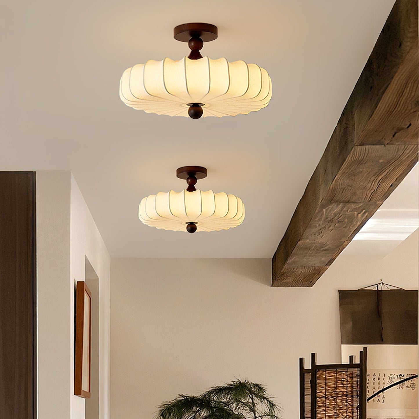 Anela Plafondlamp Walnoot met Beige Gevlochten Kap – Retro Scandinavische Hanglamp met Geïntegreerde LED – Dimbare Plafondverlichting