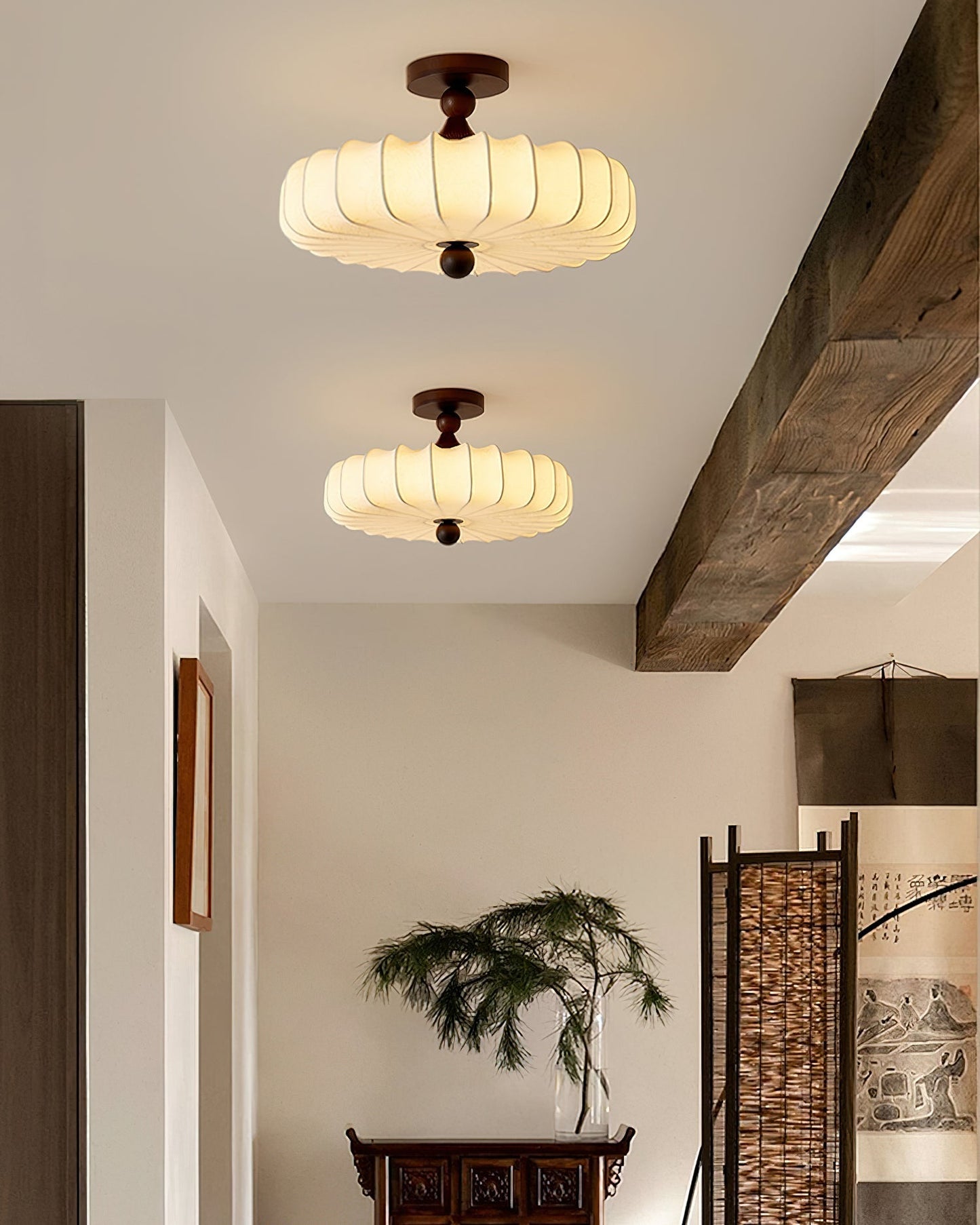 Anela Plafondlamp Walnoot met Beige Gevlochten Kap – Retro Scandinavische Hanglamp met Geïntegreerde LED – Dimbare Plafondverlichting