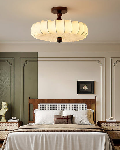 Anela Plafondlamp Walnoot met Beige Gevlochten Kap – Retro Scandinavische Hanglamp met Geïntegreerde LED – Dimbare Plafondverlichting