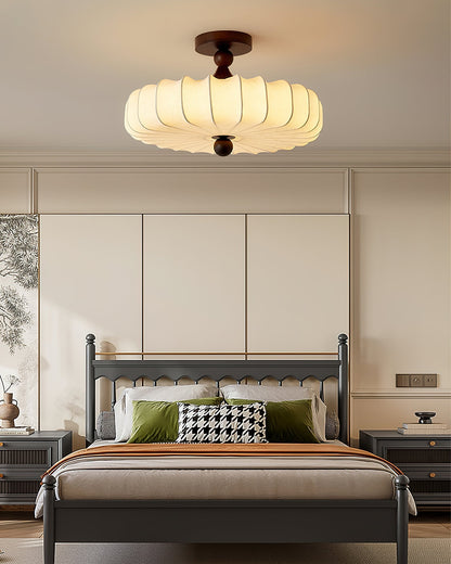 Anela Plafondlamp Walnoot met Beige Gevlochten Kap – Retro Scandinavische Hanglamp met Geïntegreerde LED – Dimbare Plafondverlichting