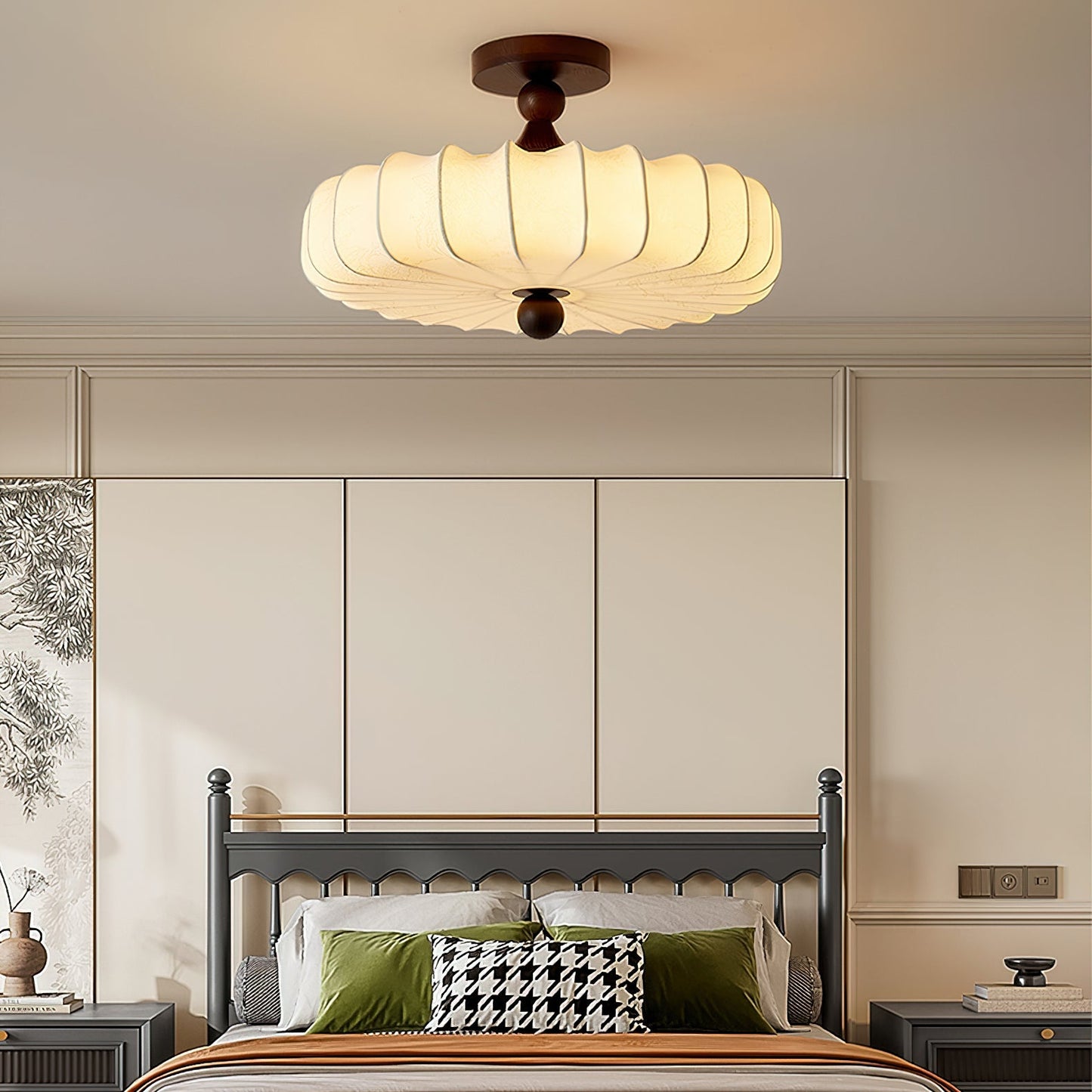 Anela Plafondlamp Walnoot met Beige Gevlochten Kap – Retro Scandinavische Hanglamp met Geïntegreerde LED – Dimbare Plafondverlichting