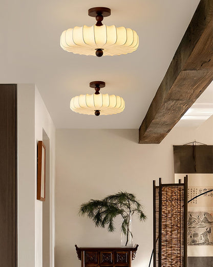 Anela Plafondlamp Walnoot met Beige Gevlochten Kap – Retro Scandinavische Hanglamp met Geïntegreerde LED – Dimbare Plafondverlichting