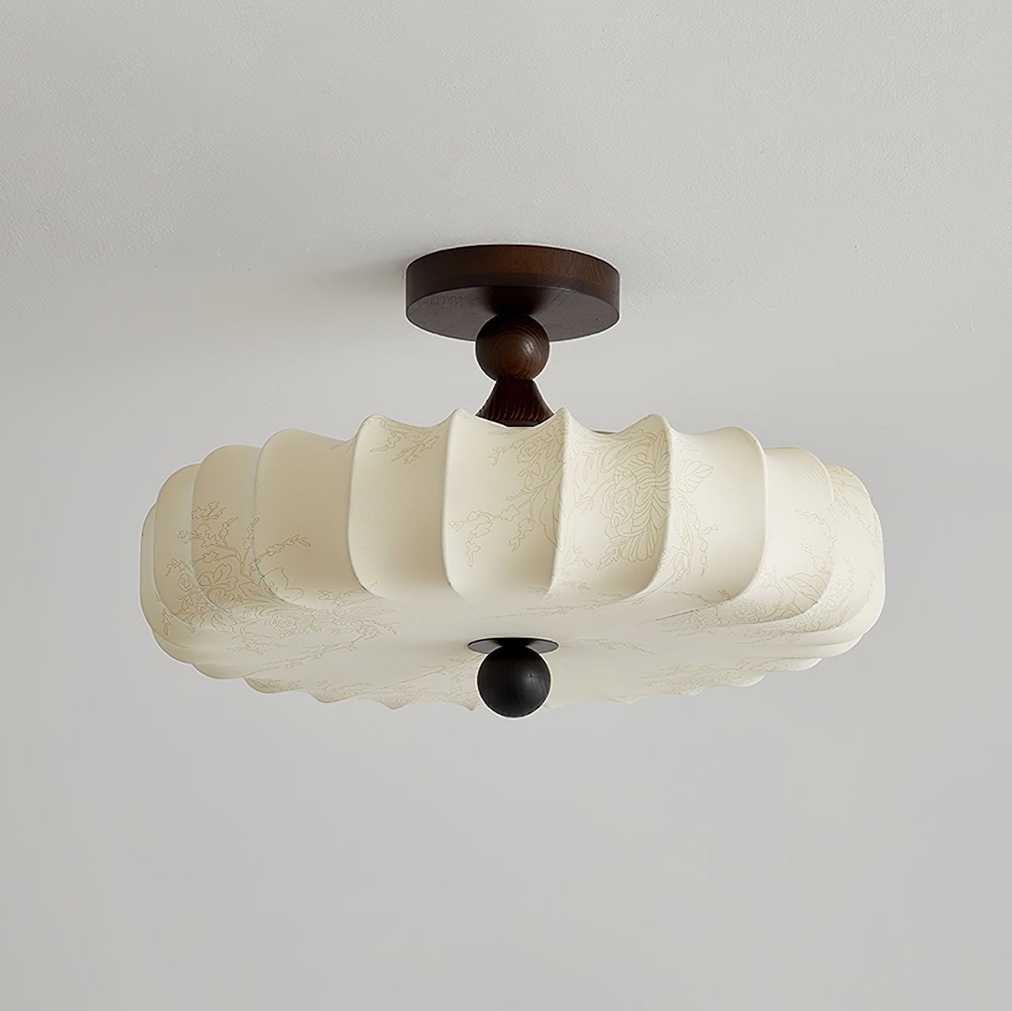 Anela Plafondlamp Walnoot met Beige Gevlochten Kap – Retro Scandinavische Hanglamp met Geïntegreerde LED – Dimbare Plafondverlichting