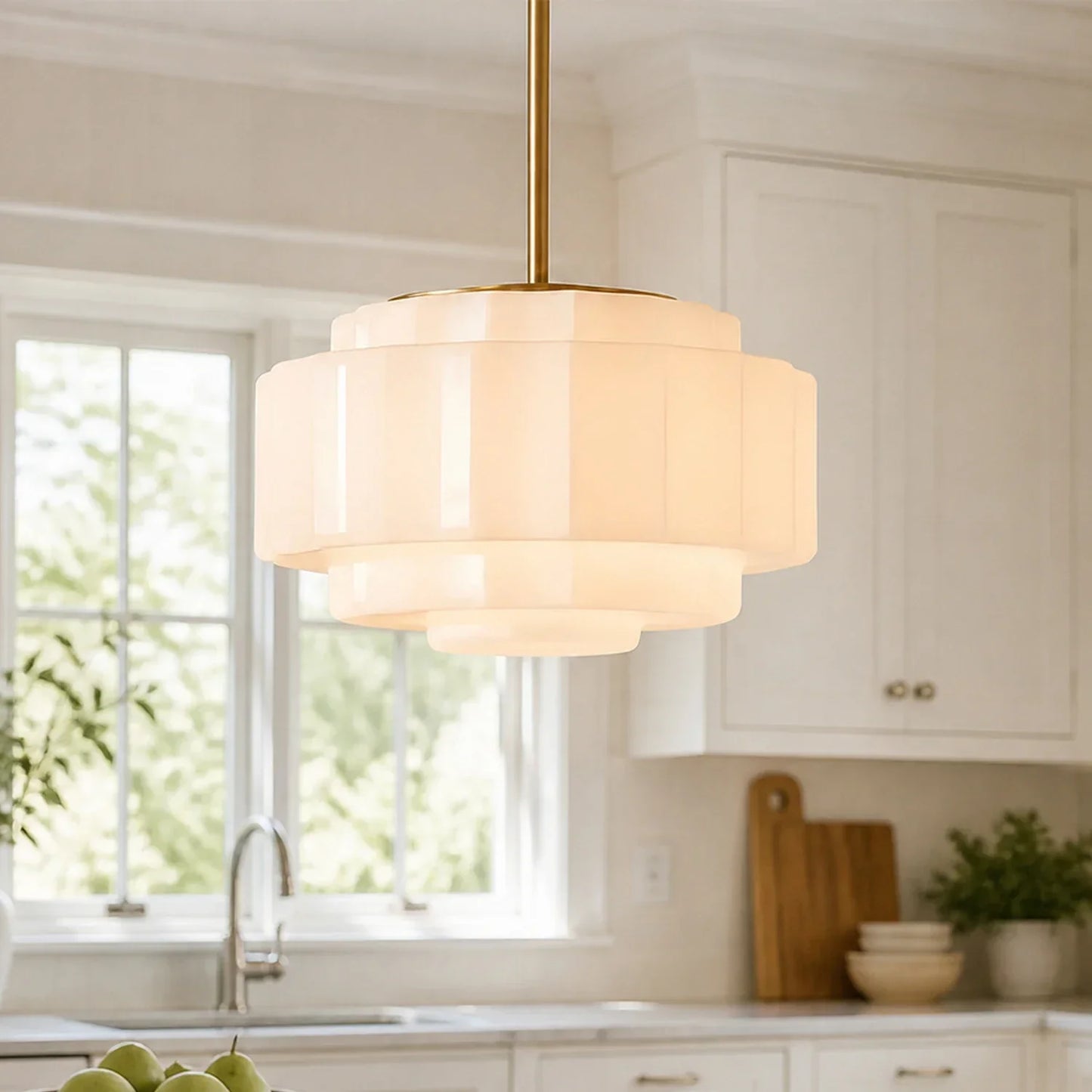 Gelaagde Opaalglas Hanglamp met Antiek Messing Antieke Nostalgische Vintage Verlichting Eetkamer Keukeneiland Entree