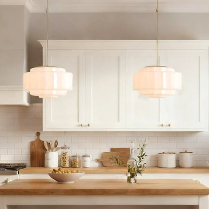 Gelaagde Opaalglas Hanglamp met Antiek Messing Antieke Nostalgische Vintage Verlichting Eetkamer Keukeneiland Entree