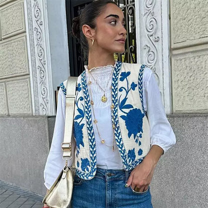 Blauwe Bloemen Gilet voor Dames Geborduurd - StudioMarella
