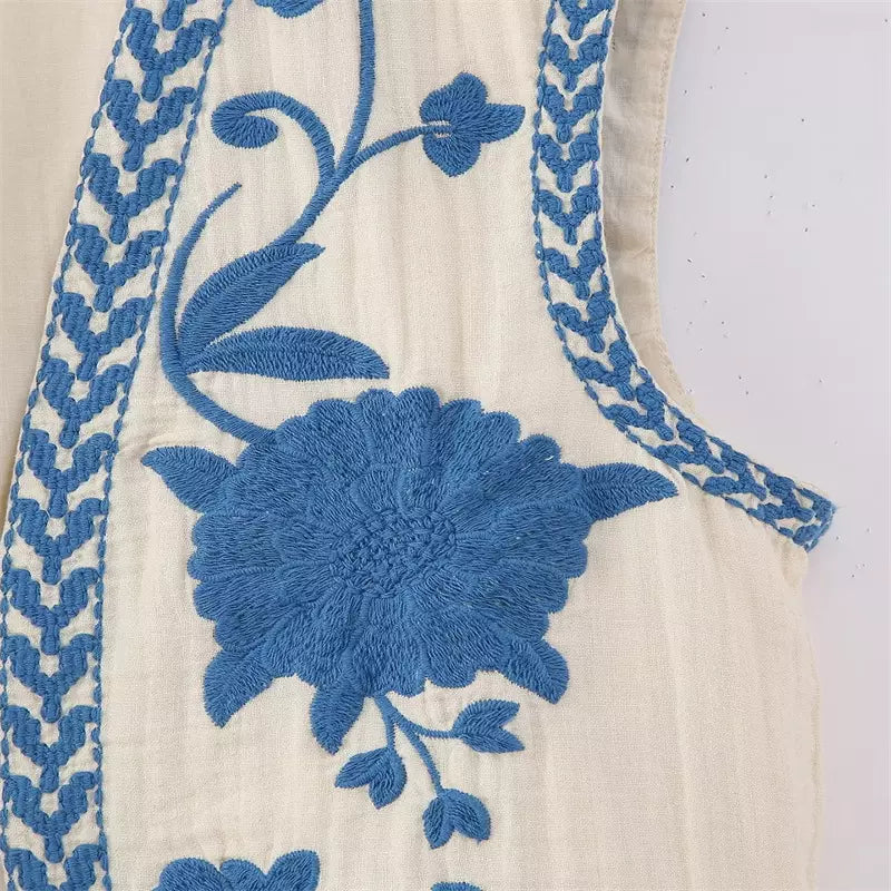 Blauwe Bloemen Gilet voor Dames Geborduurd