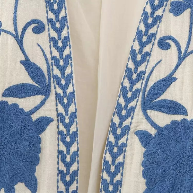 Blauw Geborduurd Gilet met Bloemen voor Vrouw