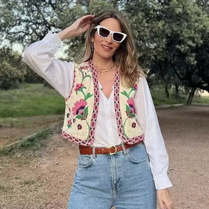 Blauw Geborduurd Gilet met Bloemen voor Vrouw