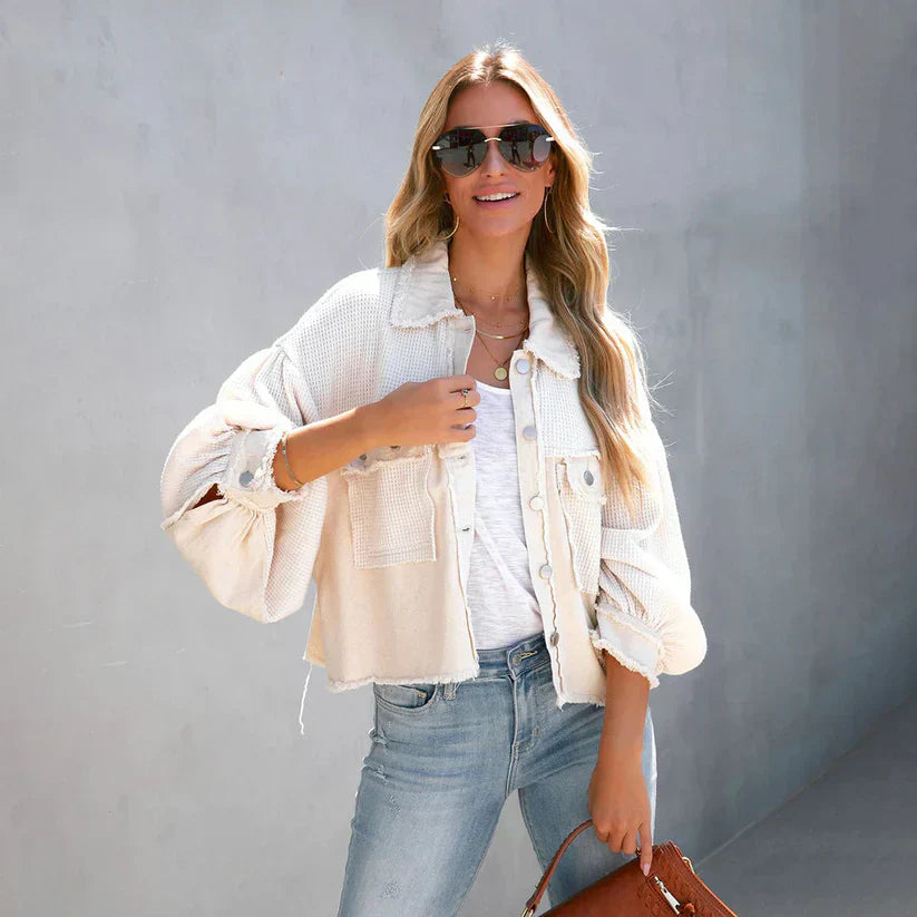 Korte Leren Jas Cropped Zoom Gerafelde Look